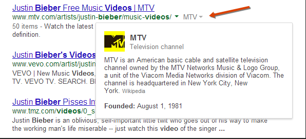 MTV knowledge graph card in Google SERPs