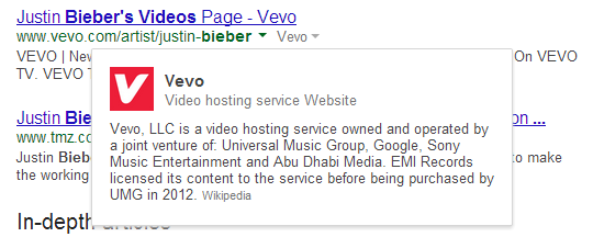 Vevo's knowledge graph card in Google SERPs